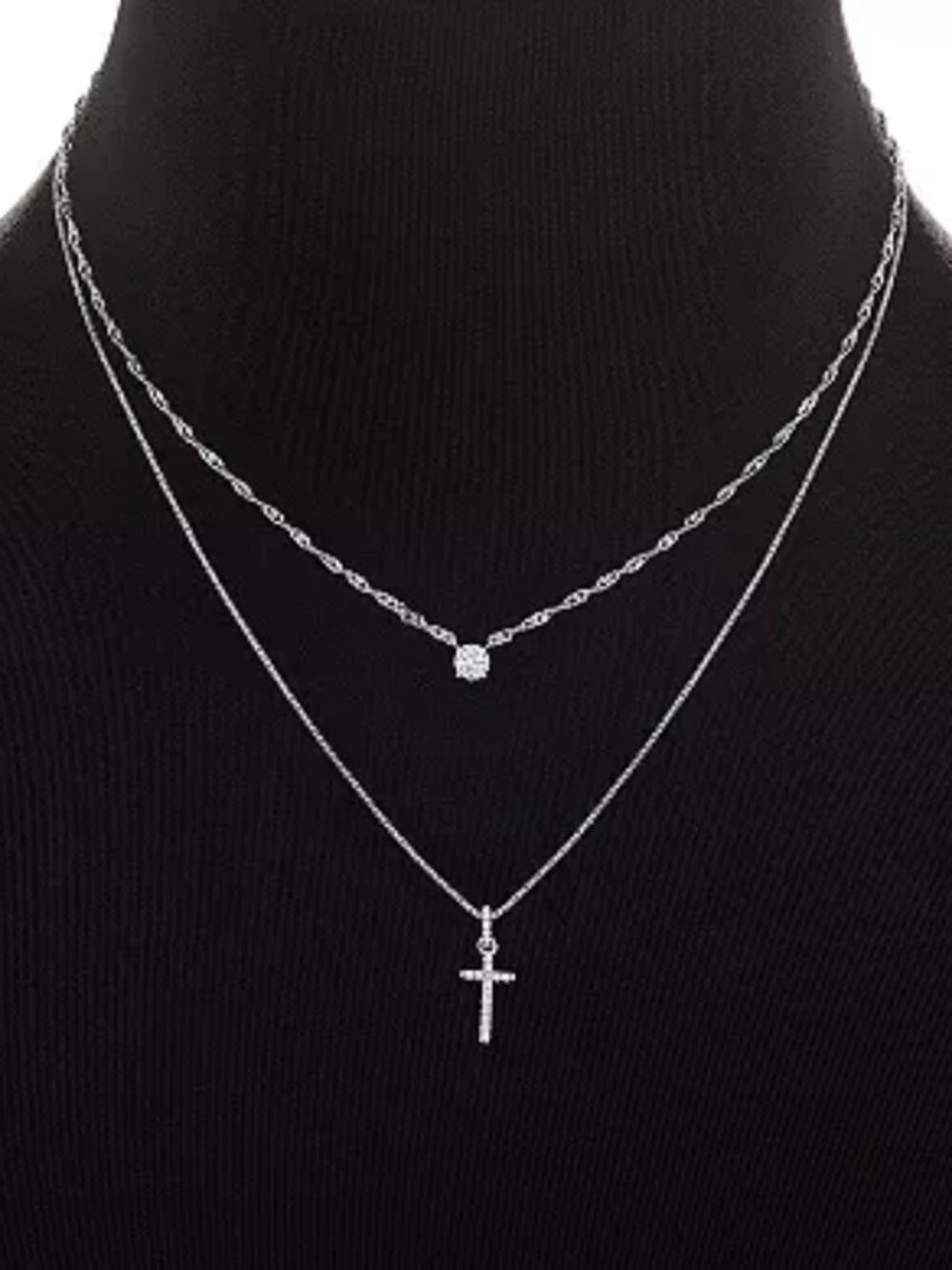 PRIMROSE Fine Silver Plated Round Cubic Zirconia & Cross Double Layer Necklace